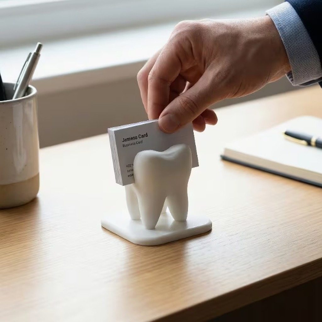 3D Printing Dental - ที่วางนามบัตรรูปฟันสีขาวพิมพ์ 3 มิติ สำหรับจัดแสดงนามบัตรบนโต๊ะทำงานในแผนกต้อนรับของคลินิกทันตกรรม