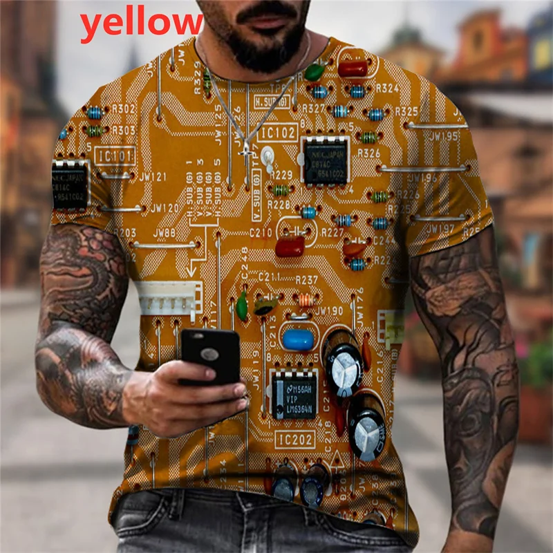3D Printing Diagram - เสื้อยืดลายวงจรซีพียูสุดฮา เสื้อผ้าผู้ชาย ดีไซน์เท่ห์ ลายพิมพ์ชิปอิเล็กทรอนิกส์ 3 มิติ